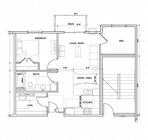 Floor plan for 1 bed, 1 bath, 775 sqft